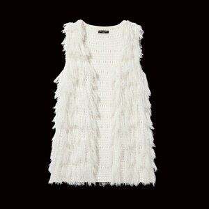 John Fashion Sweater Vest Womens Small Off White Fringe Shaggy Knit Boho